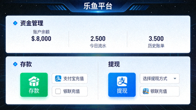 乐鱼平台存款提现操作界面与资金管理，展示支付宝和银联充值选项